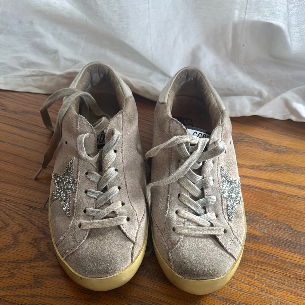 Golden Goose Silver and Pink Distressed Sneakers